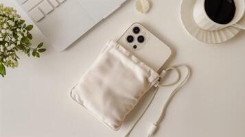 AI generated Top view of a white velvet pouch lies on a white desk, with an iPhone in it. Generated by artificial intelligence. photo