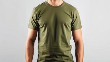 AI generated A mockup of the front view t-shirt, wearing by an athletic man in military green color. Man standing against white blank background. Generated by artificial intelligence. photo