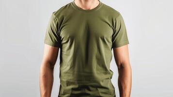 ai generado un Bosquejo de el frente ver camiseta, vistiendo por un atlético hombre en militar verde color. hombre en pie en contra blanco blanco antecedentes. generado por artificial inteligencia. foto