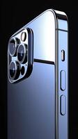 AI generated A portrait shot of the IPhone 15 showcasing its titanium frame, side view, spotlight, black background. Generated by artificial intelligence. photo