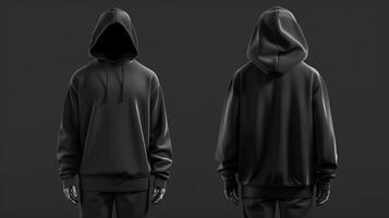 AI generated Fashion design, black hoodie, cotton fabric, back and front view display, minimalism. Generated by artificial intelligence. photo