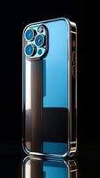 AI generated A portrait shot of the IPhone 15 showcasing its titanium frame, side view, spotlight, black background. Generated by artificial intelligence. photo