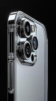 AI generated A portrait shot of the IPhone 15 showcasing its titanium frame, side view, spotlight, black background. Generated by artificial intelligence. photo