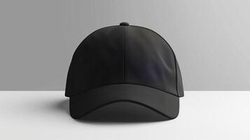 AI generated The mock-up of black sports cap on gray background. Minimalism, advertising light. Generated by artificial intelligence. photo