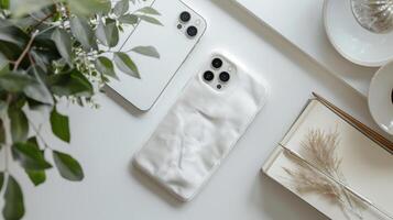 AI generated Top view of a white velvet phone case on a white desk. Generated by artificial intelligence. photo
