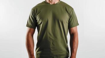 AI generated A mockup of the front view t-shirt, wearing by an athletic man in military green color. Man standing against white blank background. Generated by artificial intelligence. photo