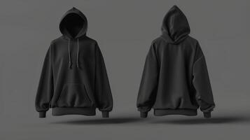 AI generated Fashion design, black hoodie, cotton fabric, back and front view display, minimalism. Generated by artificial intelligence. photo