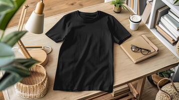 AI generated A mockup of the front view black t-shirt surrounded by props. Generated by artificial intelligence. photo