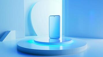 AI generated Isometric composition of smartphone on a round platform with a light blue gradient in the middle. Blue and white background, minimalistic style, a glass texture. photo