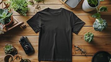 AI generated A mockup of the front view black t-shirt surrounded by props. Generated by artificial intelligence. photo