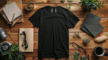 AI generated A mockup of the front view black t-shirt surrounded by props. Generated by artificial intelligence. photo