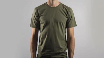 AI generated A mockup of the front view t-shirt, wearing by an athletic man in military green color. Man standing against white blank background. Generated by artificial intelligence. photo