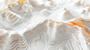 AI generated An abstract background with white and orange topographic waves, with orange  dots on the surface. Topographic model, map, geometric shapes. Generated by artificial intelligence. photo