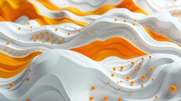 AI generated An abstract background with white and orange topographic waves, with orange  dots on the surface. Topographic model, map, geometric shapes. Generated by artificial intelligence. photo