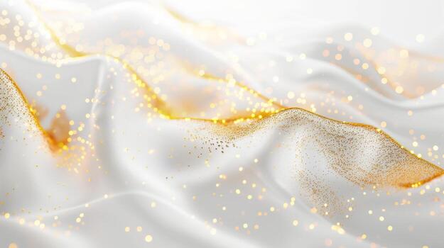 AI generated A white waves with golden glittering dots. The gold shimmering particles, luxury,  background, sparkling effect, gold sprinkles, wavelike pattern. Generated by artificial intelligence. photo