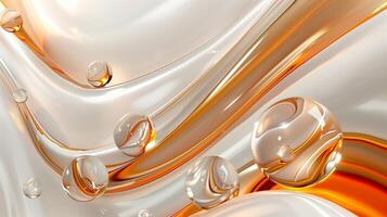 AI generated 3D abstract background with white and orange elements. White glossy waves with orange glass spheres. Generated by artificial intelligence. photo