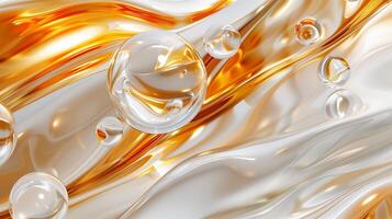 AI generated 3D abstract background with white and orange elements. White glossy waves with orange glass spheres. Generated by artificial intelligence. photo