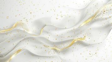 AI generated A white waves with golden glittering dots. The gold shimmering particles, luxury,  background, sparkling effect, gold sprinkles, wavelike pattern. Generated by artificial intelligence. photo