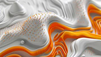 AI generated An abstract background with white and orange topographic waves, with orange  dots on the surface. Topographic model, map, geometric shapes. Generated by artificial intelligence. photo