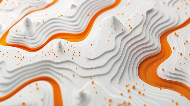 AI generated An abstract background with white and orange topographic waves, with orange  dots on the surface. Topographic model, map, geometric shapes. Generated by artificial intelligence. photo