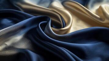 AI generated Deep blue silk fabric paired with gradient light gold. Generated by artificial intelligence. photo