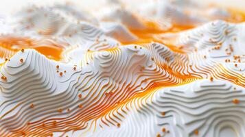 AI generated An abstract background with white and orange topographic waves, with orange  dots on the surface. Topographic model, map, geometric shapes. Generated by artificial intelligence. photo