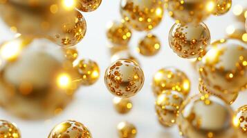 AI generated Golden spheres on white background. Abstract illustration, flying golden balls, metallic gold beads, round and shiny objects, wallpaper, pearls, metal balls. photo