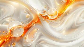 AI generated 3D abstract background with white and orange elements. White glossy waves with orange glass spheres. Generated by artificial intelligence. photo