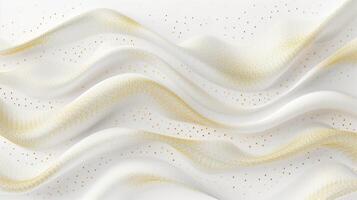 AI generated A white waves with golden glittering dots. The gold shimmering particles, luxury,  background, sparkling effect, gold sprinkles, wavelike pattern. Generated by artificial intelligence. photo