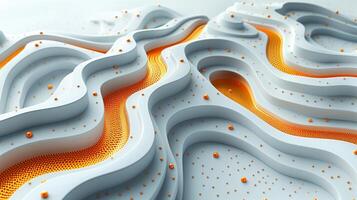 AI generated An abstract background with white and orange topographic waves, with orange  dots on the surface. Topographic model, map, geometric shapes. Generated by artificial intelligence. photo