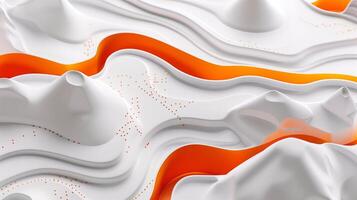 AI generated An abstract background with white and orange topographic waves, with orange  dots on the surface. Topographic model, map, geometric shapes. Generated by artificial intelligence. photo