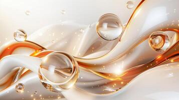 AI generated 3D abstract background with white and orange elements. White glossy waves with orange glass spheres. Generated by artificial intelligence. photo