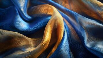 AI generated Deep blue silk fabric paired with gradient light gold. Generated by artificial intelligence. photo