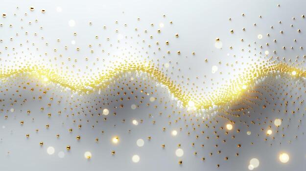 AI generated A white waves with golden glittering dots. The gold shimmering particles, luxury,  background, sparkling effect, gold sprinkles, wavelike pattern. Generated by artificial intelligence. photo