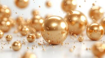 AI generated Golden spheres on white background. Abstract illustration, flying golden balls, metallic gold beads, round and shiny objects, wallpaper, pearls, metal balls. photo