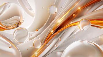 AI generated 3D abstract background with white and orange elements. White glossy waves with orange glass spheres. Generated by artificial intelligence. photo