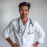 ai generado un masculino doctor, alrededor 40 años viejo, en un blanco Saco y estetoscopio. desde el frente, un leve sonrisa, manos en caderas, un blanco antecedentes. generado por artificial inteligencia. foto