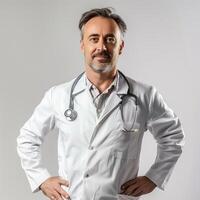 ai generado un masculino doctor, alrededor 40 años viejo, en un blanco Saco y estetoscopio. desde el frente, un leve sonrisa, manos en caderas, un blanco antecedentes. generado por artificial inteligencia. foto