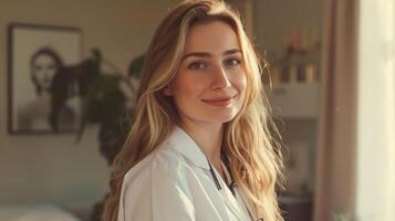 AI generated The portrait photo of a blonde family nurse practicioner in room looking at camera. Generated by artificial intelligence.
