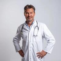 AI generated A male doctor, around 40 years old, in a white coat and stethoscope. From the front, a slight smile, hands on hips, a white background. Generated by artificial intelligence. photo