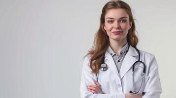 AI generated A female young European doctor wear white coat on white background. Generated by artificial intelligence. photo