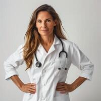 AI generated A female doctor, around 40 years old, in a white coat and stethoscope. From the front, a slight smile, hands on hips, a white background. Generated by artificial intelligence. photo