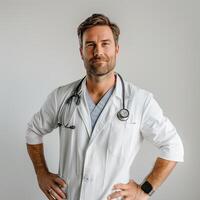 AI generated A male doctor, around 40 years old, in a white coat and stethoscope. From the front, a slight smile, hands on hips, a white background. Generated by artificial intelligence. photo