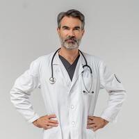 ai generado un masculino doctor, alrededor 40 años viejo, en un blanco Saco y estetoscopio. desde el frente, un leve sonrisa, manos en caderas, un blanco antecedentes. generado por artificial inteligencia. foto