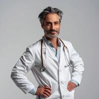 ai generado un masculino doctor, alrededor 40 años viejo, en un blanco Saco y estetoscopio. desde el frente, un leve sonrisa, manos en caderas, un blanco antecedentes. generado por artificial inteligencia. foto