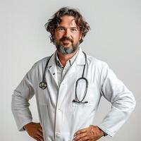 ai generado un masculino doctor, alrededor 40 años viejo, en un blanco Saco y estetoscopio. desde el frente, un leve sonrisa, manos en caderas, un blanco antecedentes. generado por artificial inteligencia. foto