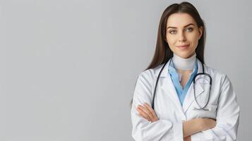 AI generated A female young European doctor wear white coat on white background. photo