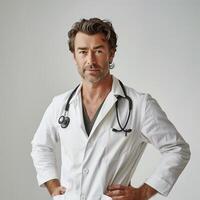 ai generado un masculino doctor, alrededor 40 años viejo, en un blanco Saco y estetoscopio. desde el frente, un leve sonrisa, manos en caderas, un blanco antecedentes. generado por artificial inteligencia. foto