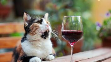 AI generated The cat looking on glass of red wine on table next to it. Generated by artificial intelligence. photo