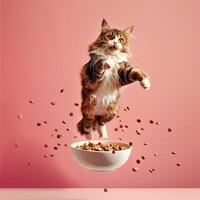 AI generated A  happy cat jumping by a bowl full of flying kibble on a pastel background. Levitation. Generated by artificial intelligence. photo